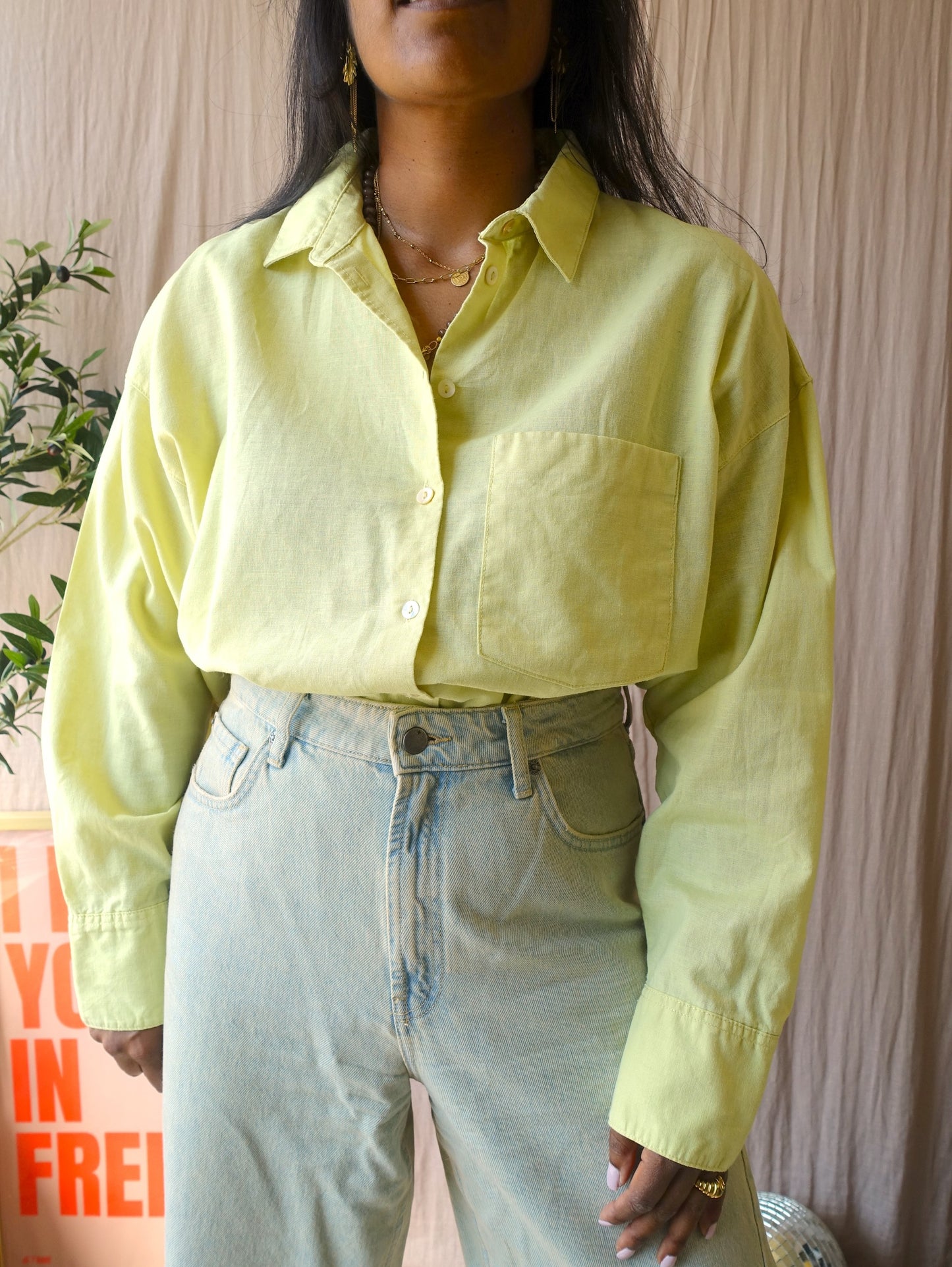 Linnenblend oversized butter yellow shirt