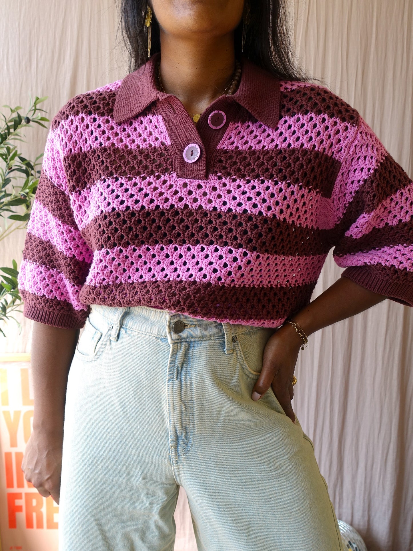 Sissy-Boy relaxed fit retro crochet polo burgundy / pink