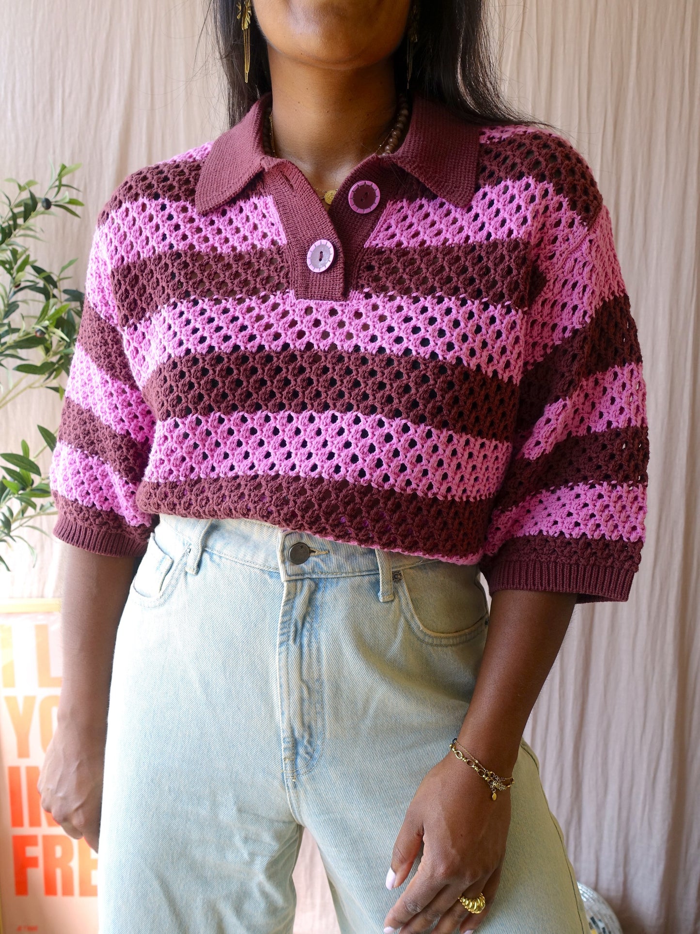 Sissy-Boy relaxed fit retro crochet polo burgundy / pink