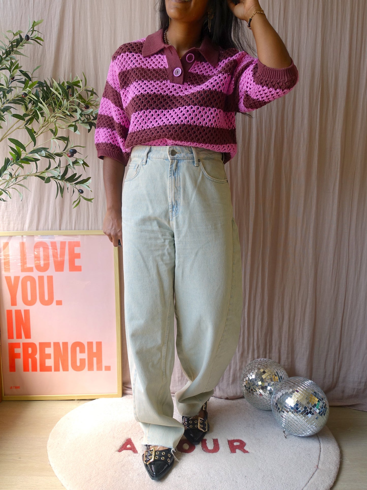 Sissy-Boy relaxed fit retro crochet polo burgundy / pink
