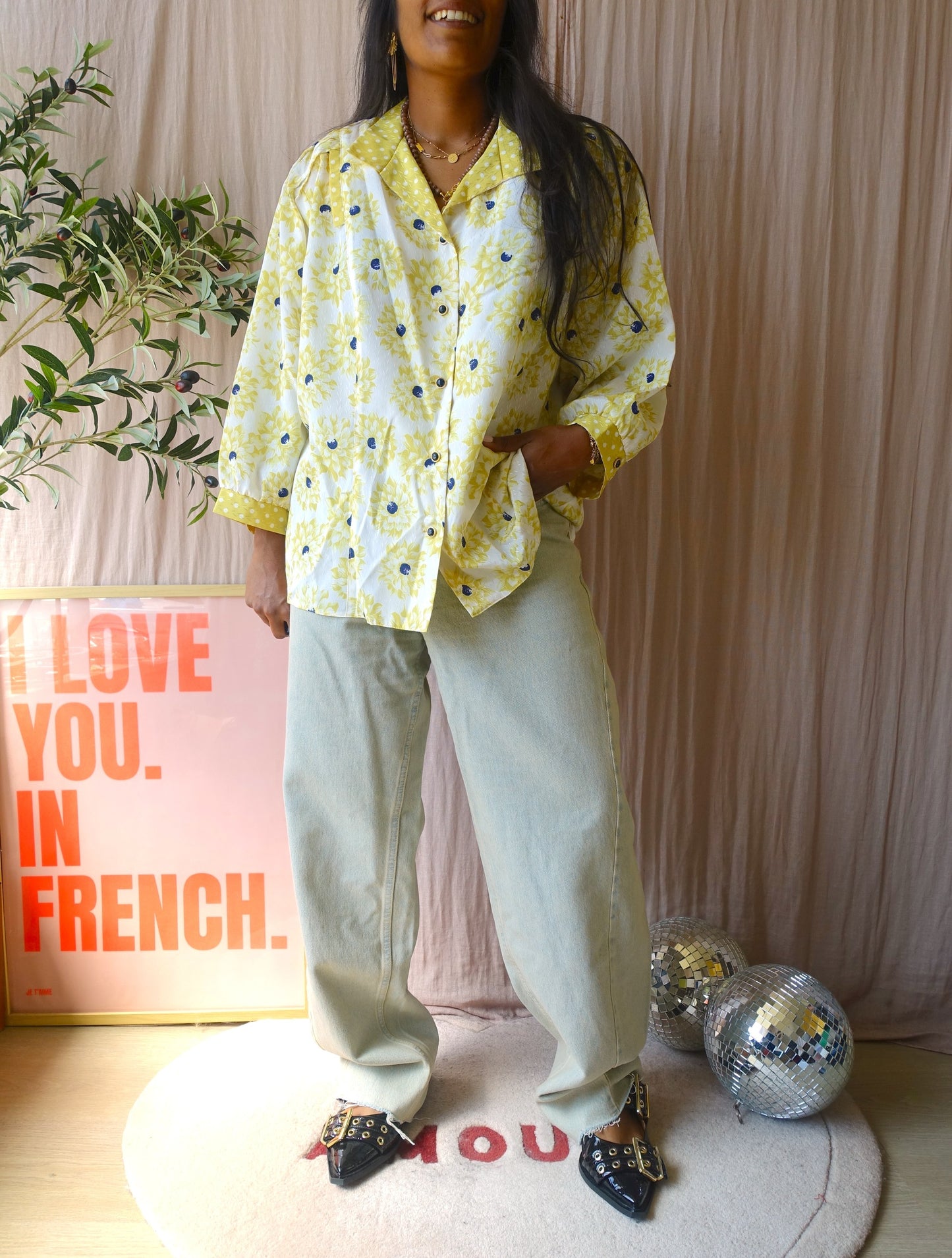 Vintage butter yellow floral shirt