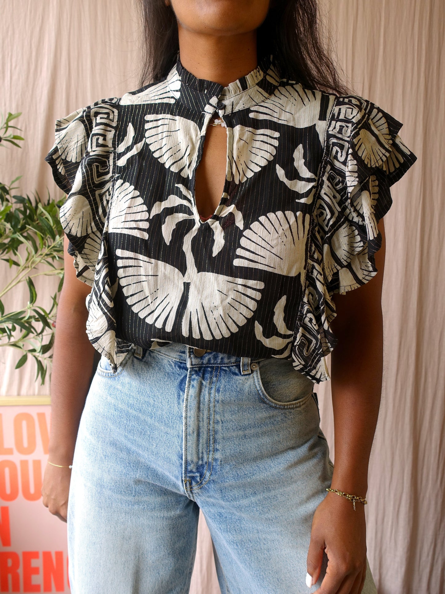 Shoeby palm print lurex ruffle top