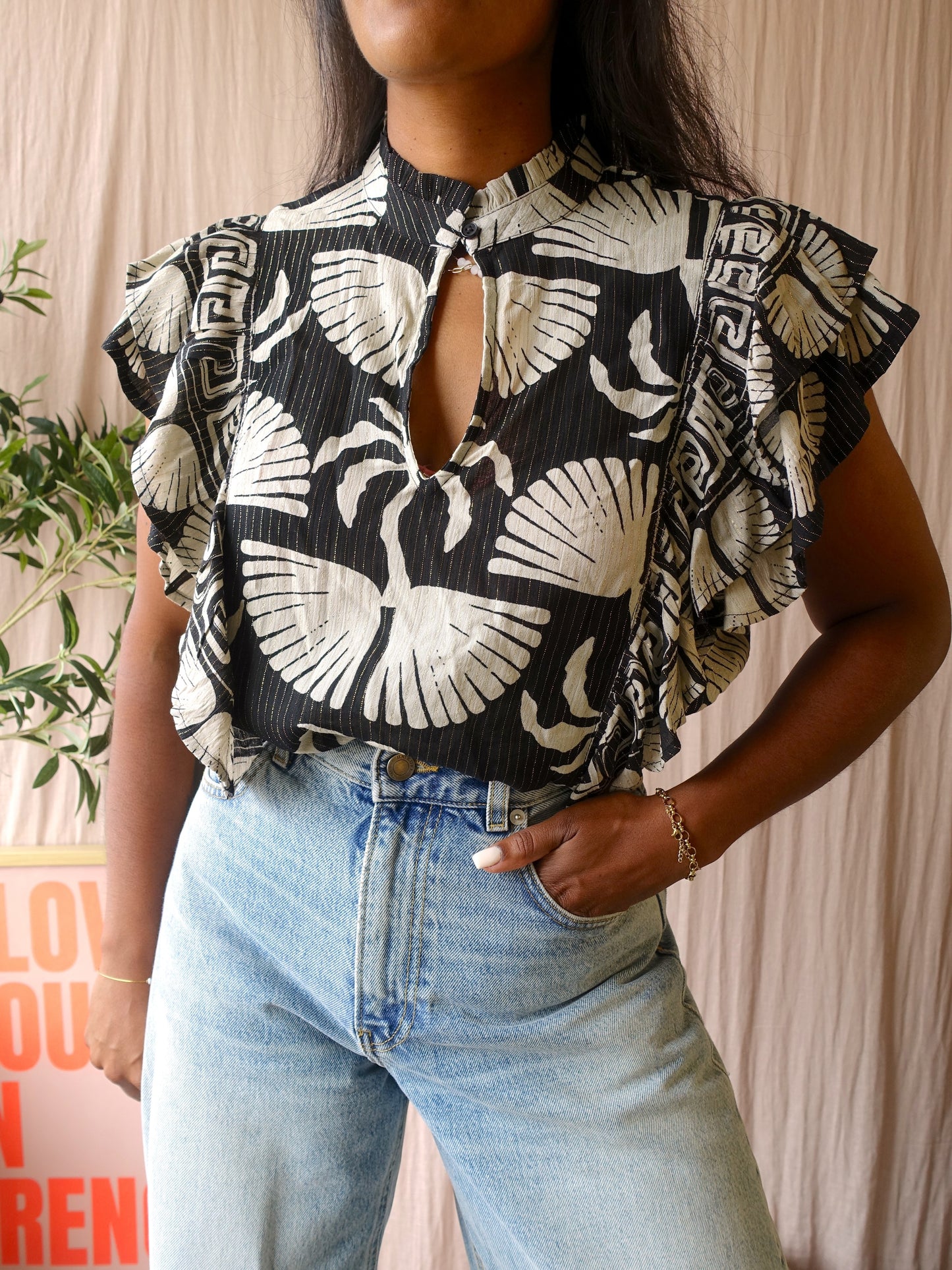 Shoeby palm print lurex ruffle top
