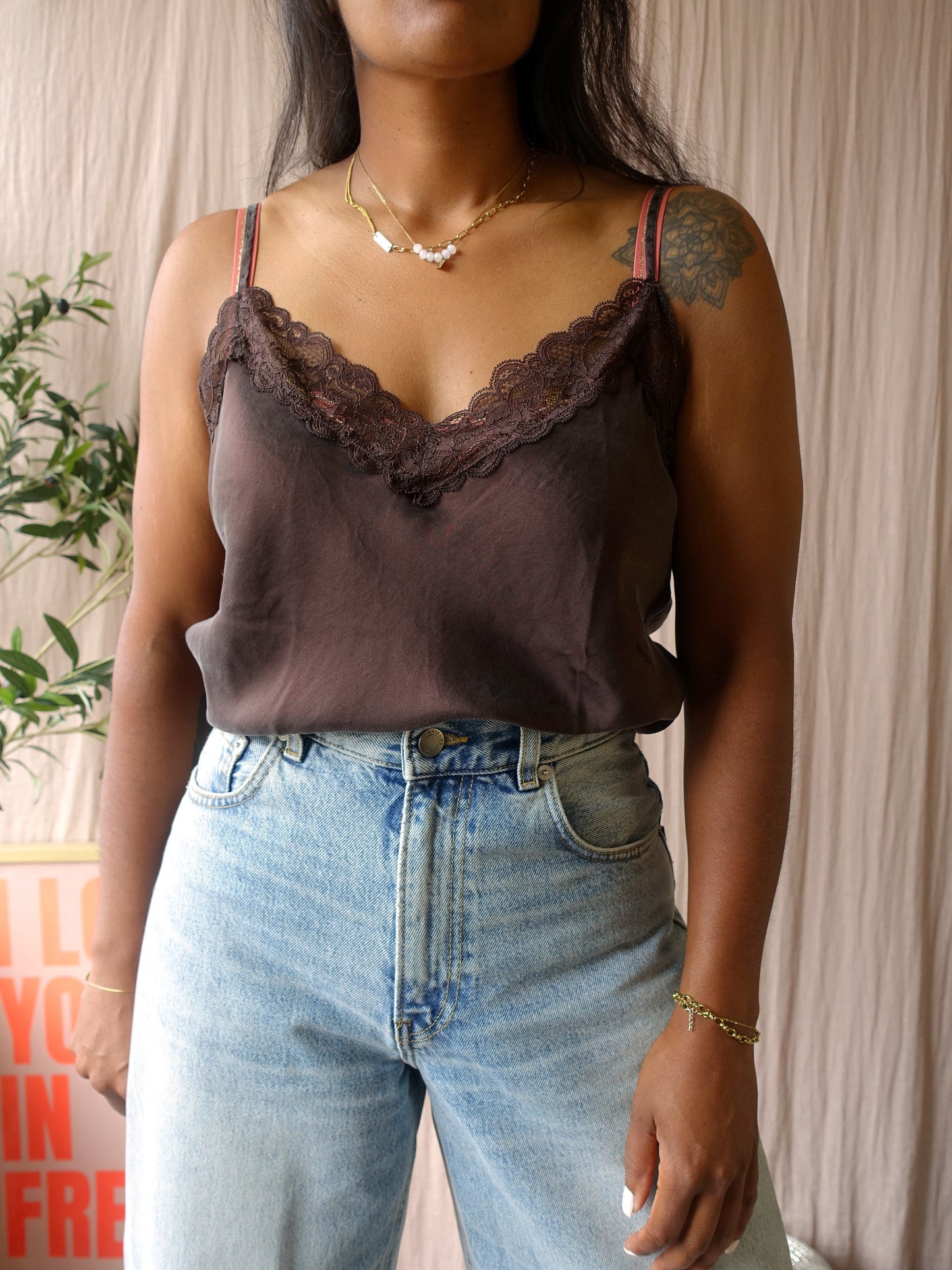 Intimissimi 100% silk top dark chocolate brown
