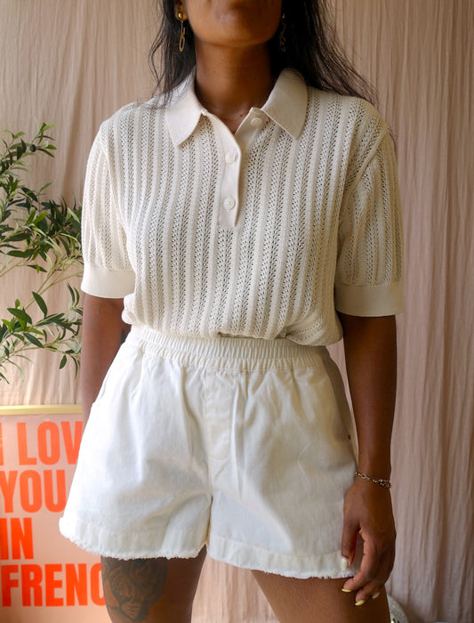 Uniqlo ajour knitted cotton polo tee ecru