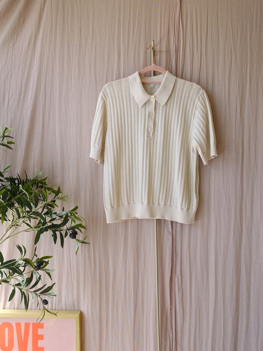 Uniqlo ajour knitted cotton polo tee ecru