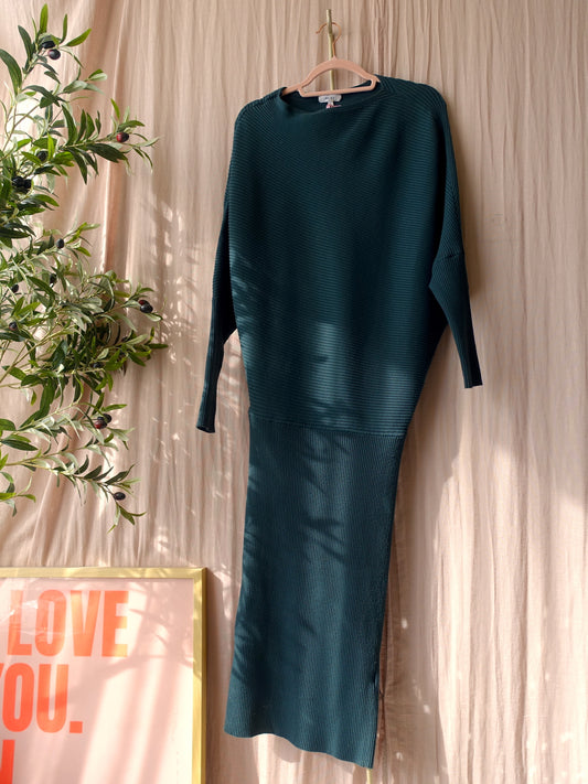 Reiss lara rib one shoulder midi jurk dark forest