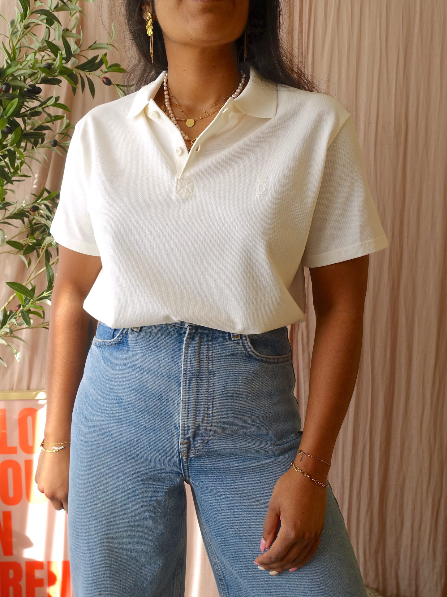 Closed uniseks embroidered cotton poloshirt ecru