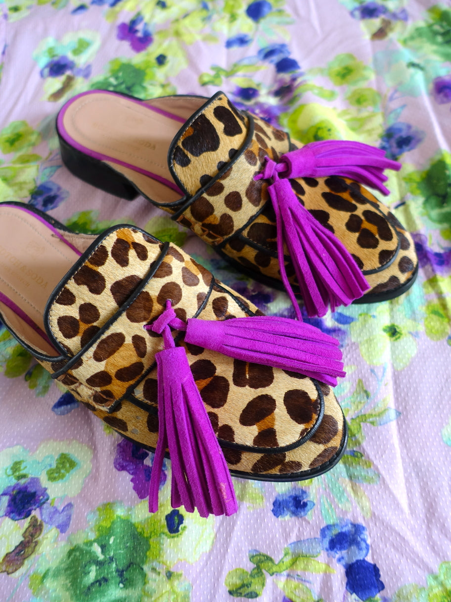 Scotch & Soda leather leopard loafer mules