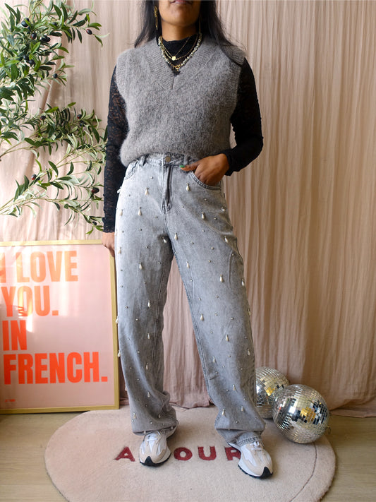 Shoeby embellished straight fit jeans silver grey