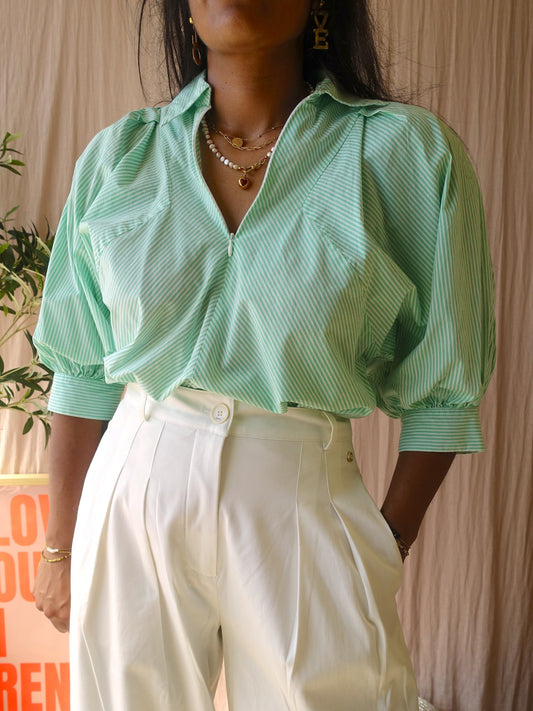 Shoeby striped poplin zip blouse wit / groen