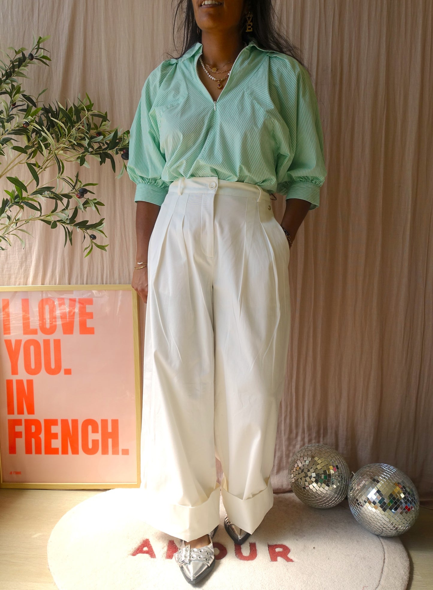 Shoeby striped poplin zip blouse wit / groen