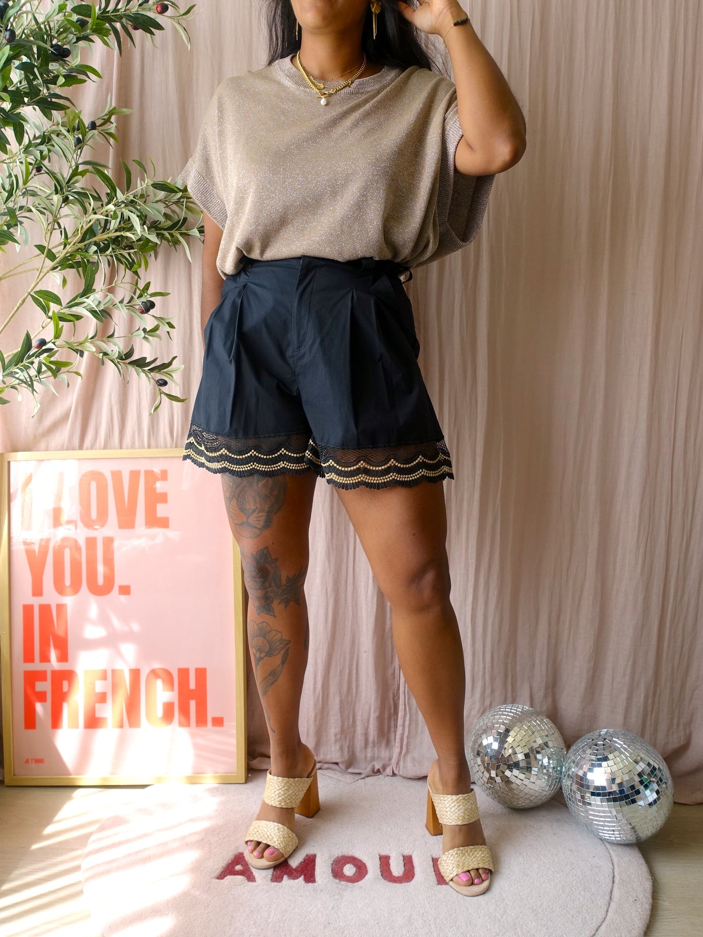 Twin-Set lace poplin cotton shorts zwart
