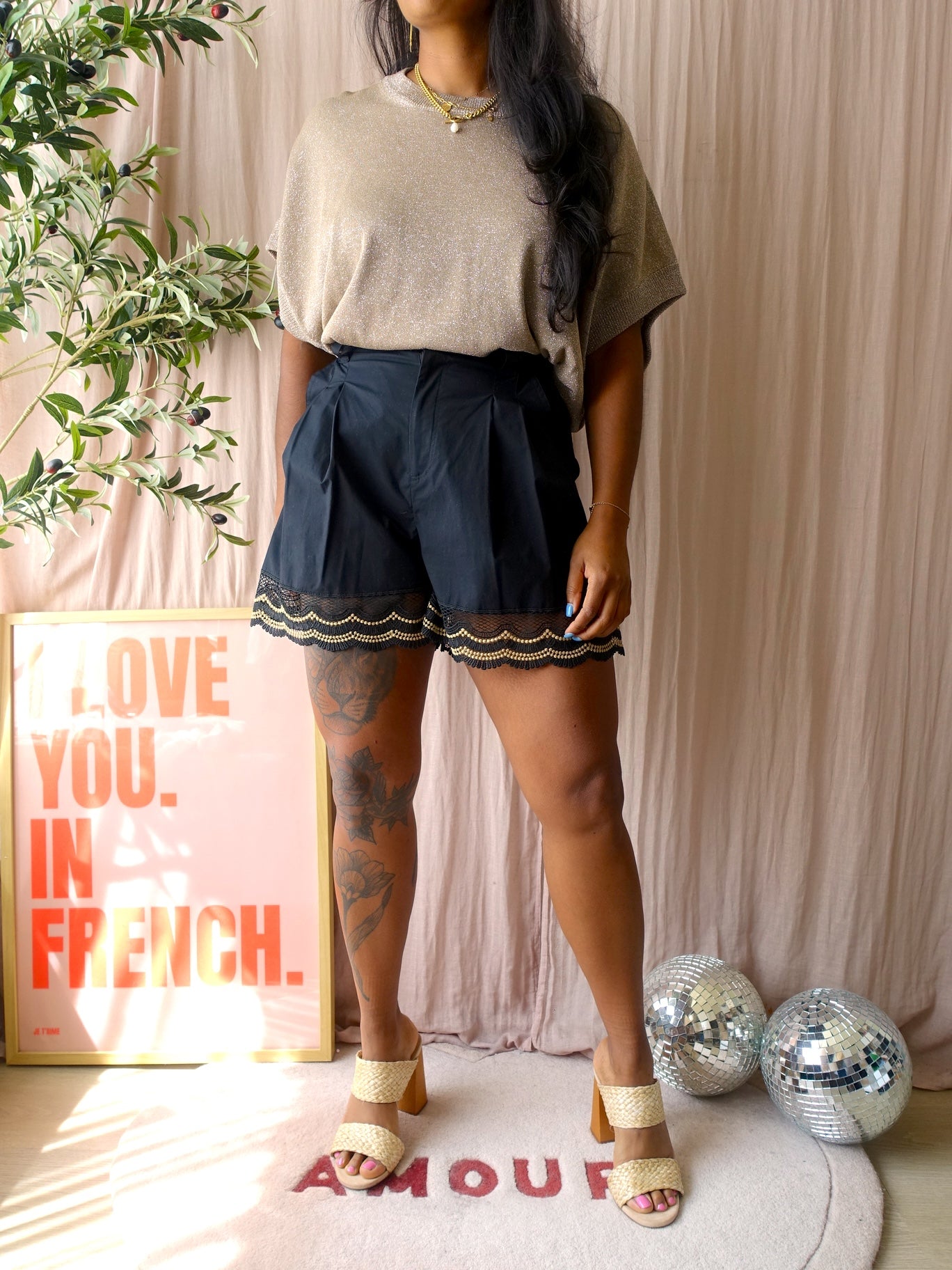 Twin-Set lace poplin cotton shorts zwart
