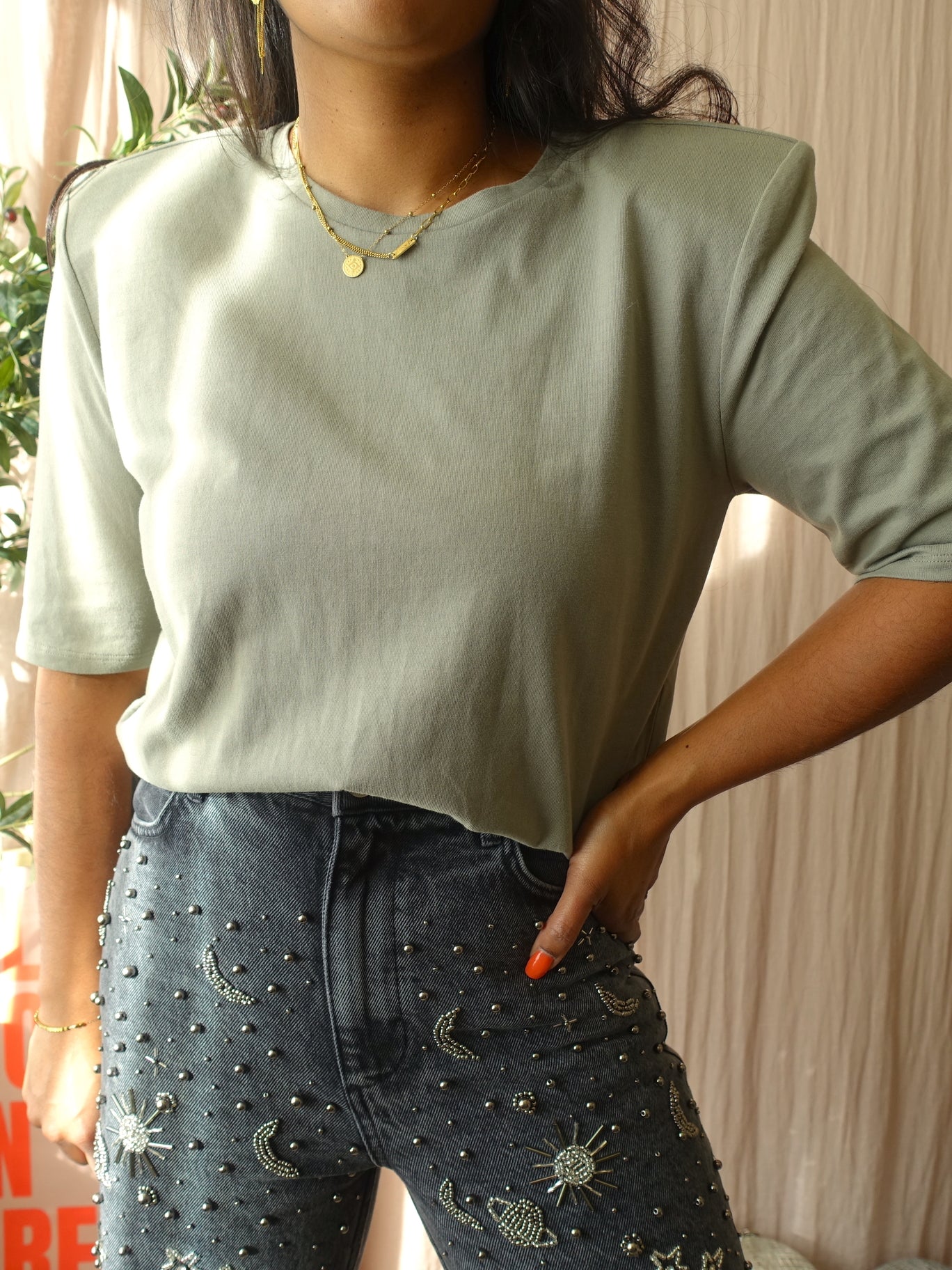 Twist & Tango shoulder padded organic cotton tee sage green