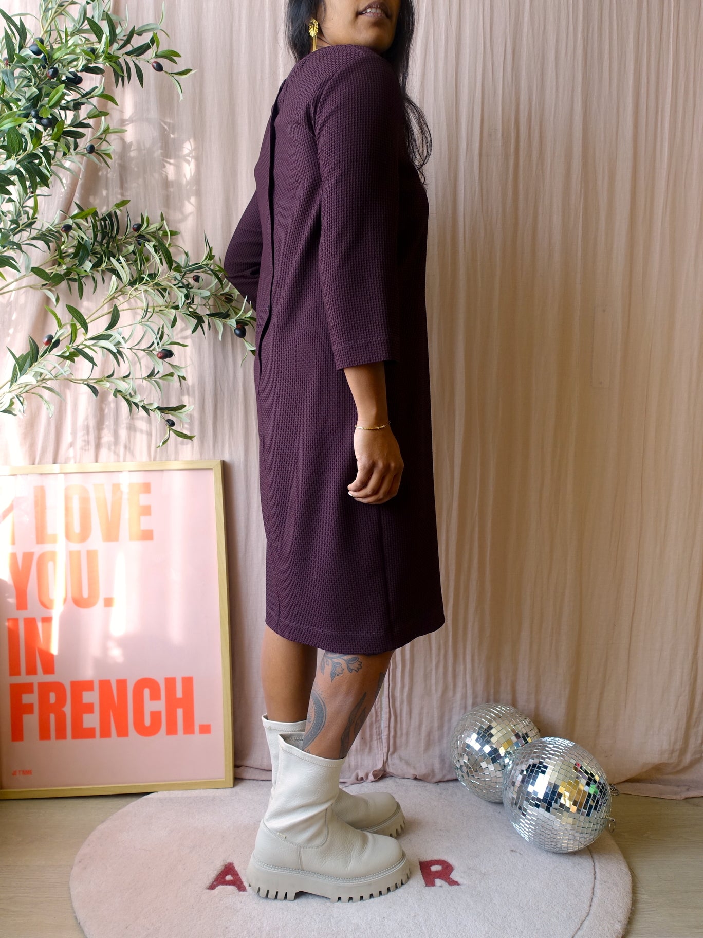 Vanilia waffle structured midi jurk winetasting plum