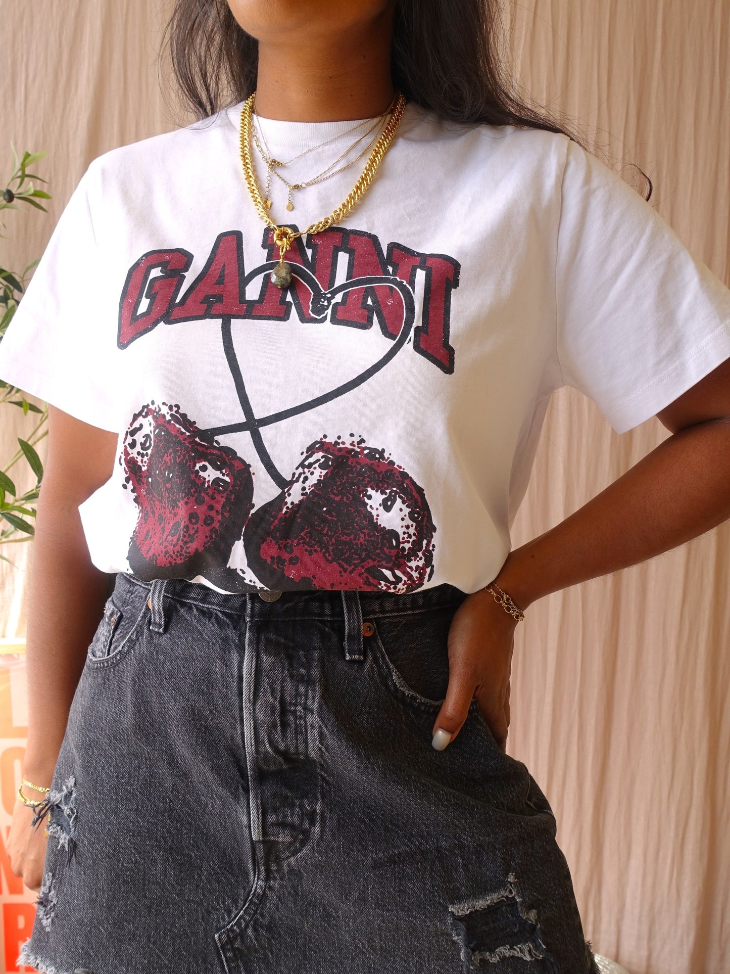 GANNI cherry organic t-shirt bright white / burgundy