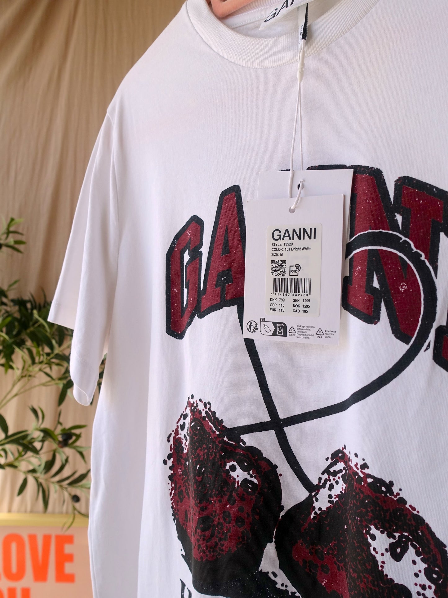 GANNI cherry organic t-shirt bright white / burgundy