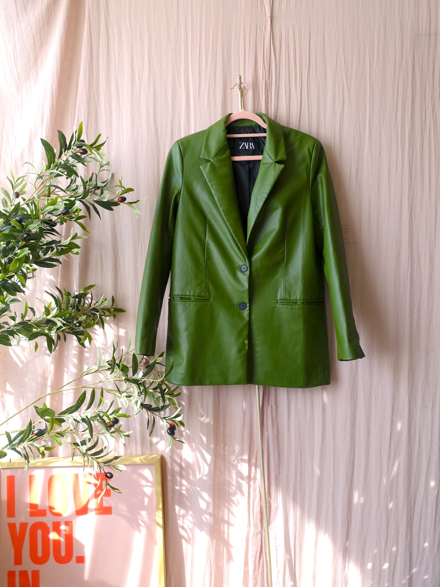 Zara preloved vegan leather blazer mosgroen