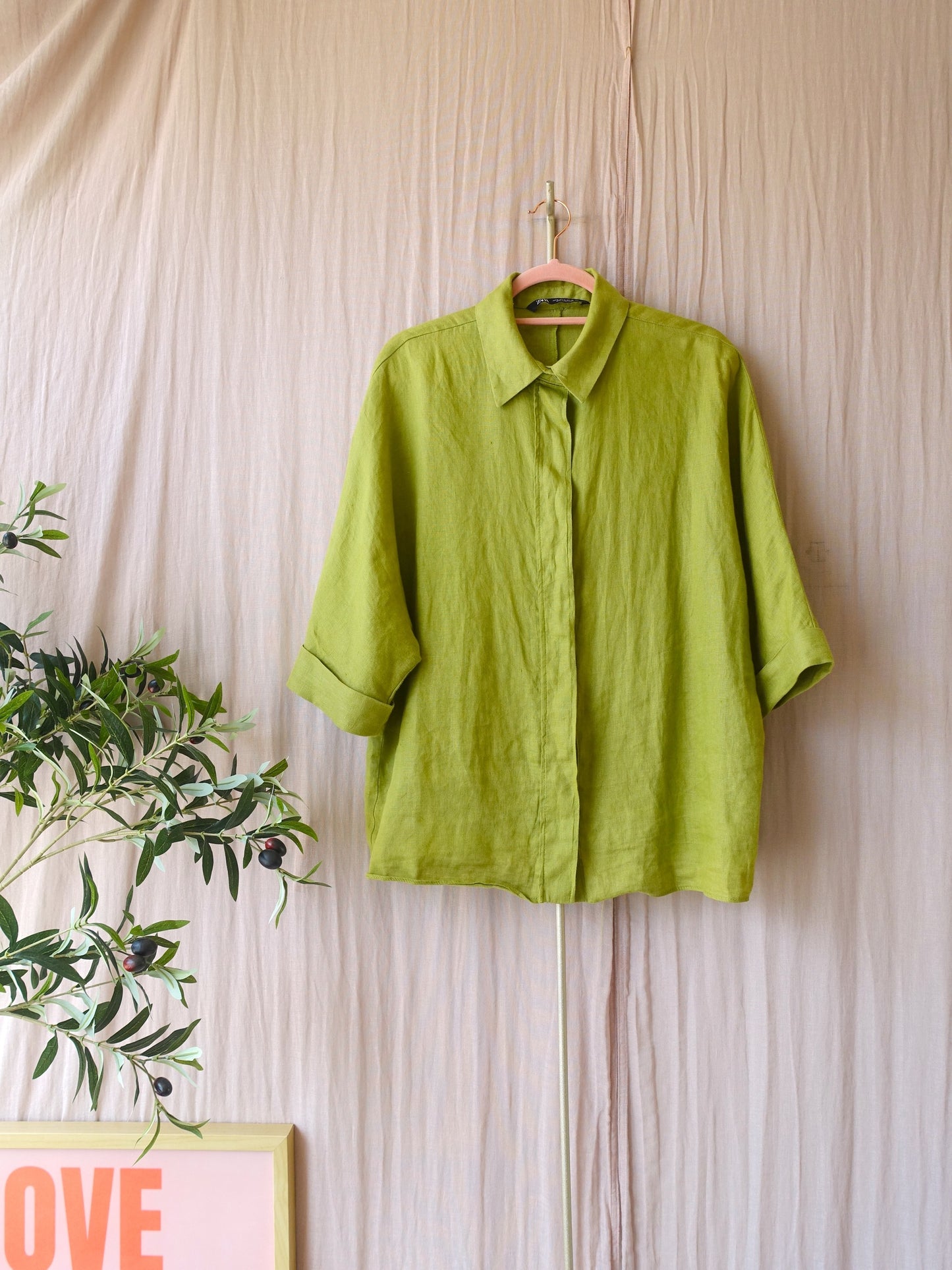 Zara 100% linnen loose fit blouse pistachio paradise