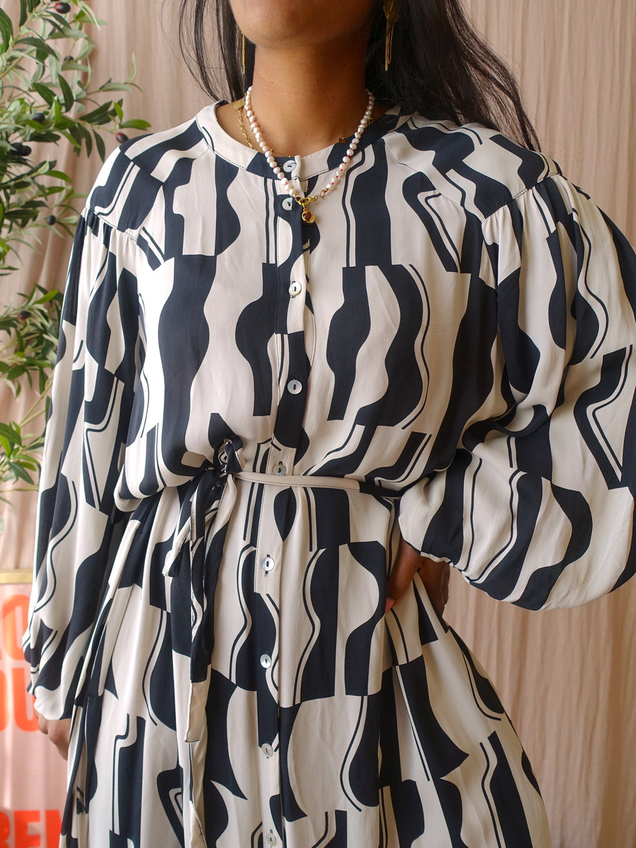 Summum Woman abstract maxi jurk ecru / zwart