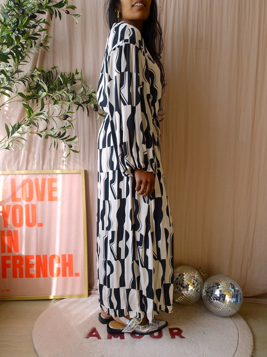 Summum Woman abstract maxi jurk ecru / zwart