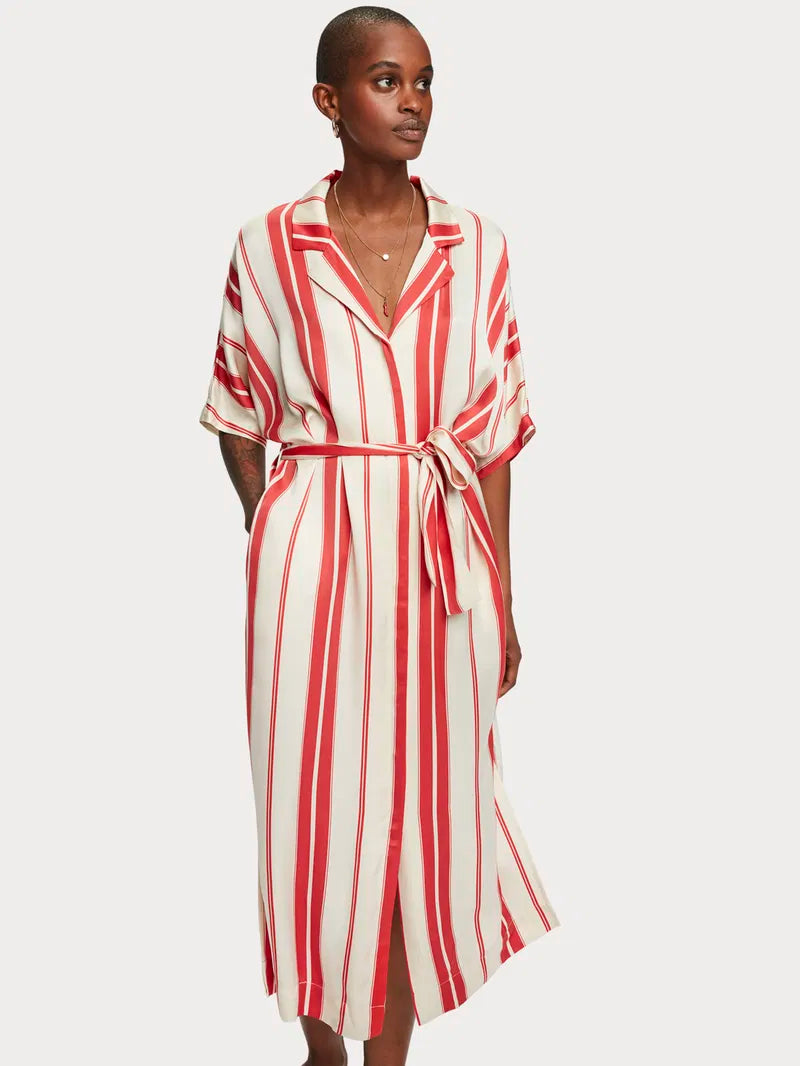 Scotch & Soda satin striped jurk ecru / scarlet